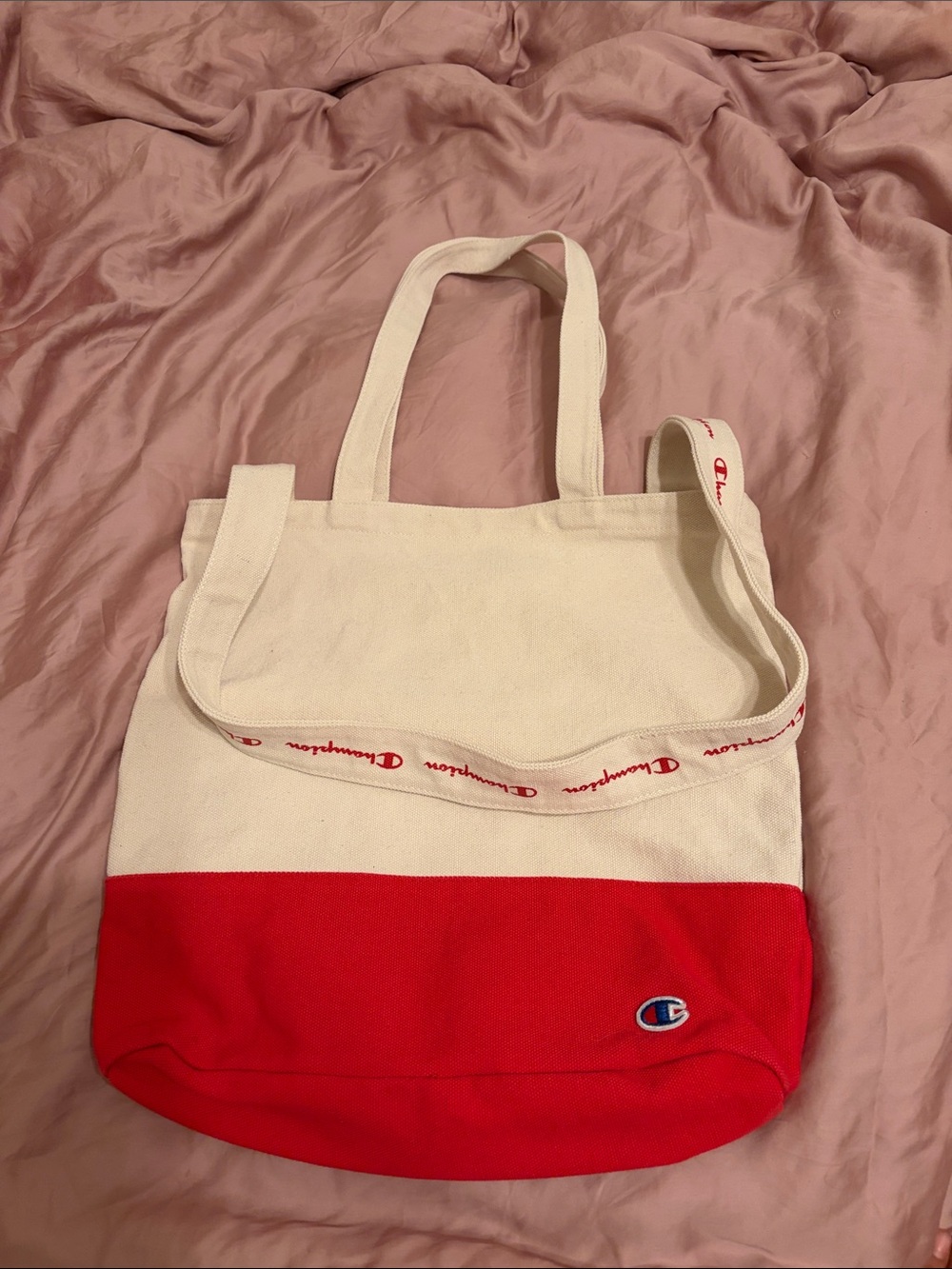 Champion Canvas Two-Tone Tote Bag in Cream and Red